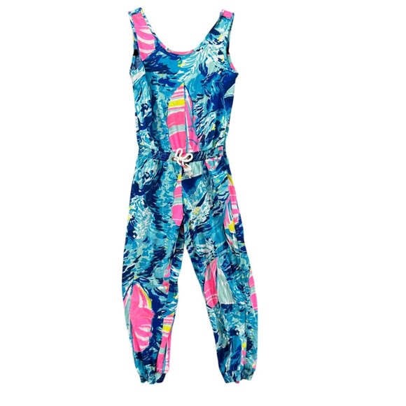Lilly Pulitzer Imogen Jumpsuit Girls Sparkling Blue Hey Bay Bay Sleeveless Sz S - Picture 1 of 10